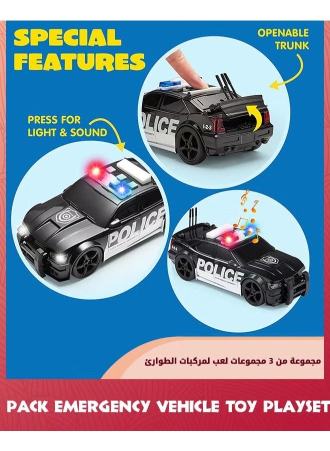 3 حزمة سيارات الطوارئ لعبة Playsets-الإسعاف,شاحنة الإطفاء,سيارة الشرطة,الاحتكاك تعمل المركبات مع الضوء والصوت,المركبات لعبة مجموعة سيارات الأطفال الصغار,هدايا للأطفال الصغار الأولاد 3+ - Image 3